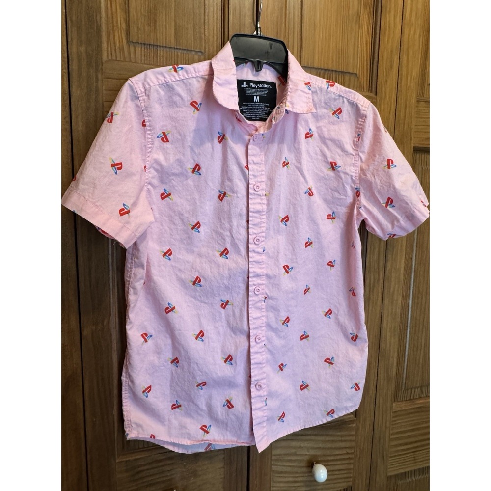 Sony Playstation Licensed Short Sleeve Pink Button Shirt Men's M Cotton Casual - Picture 3 of 5